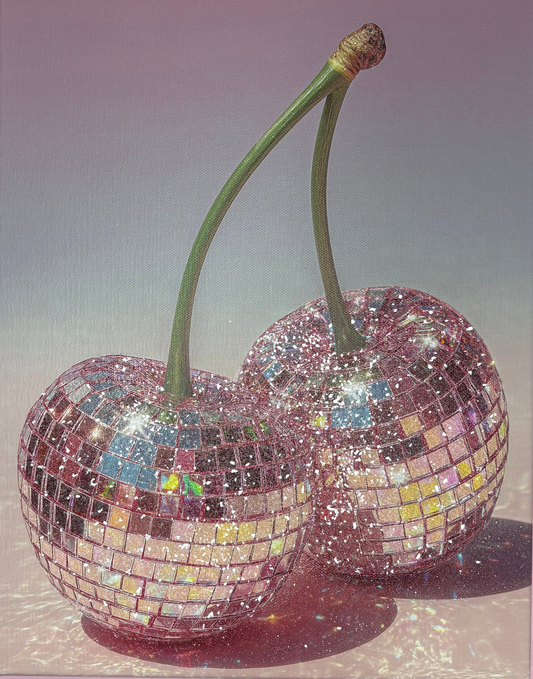 Mirrorball Pink Cherries Glitter Canvas Art Print